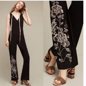 Anthropologie HD In Paris Women’s 0 Embroidered Wide Leg Jumpsuit Black‎ Western